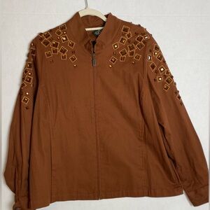 Bob Mackie Wearable Art  Brown Embellished Women's Jacket Cotton Spandex Medium